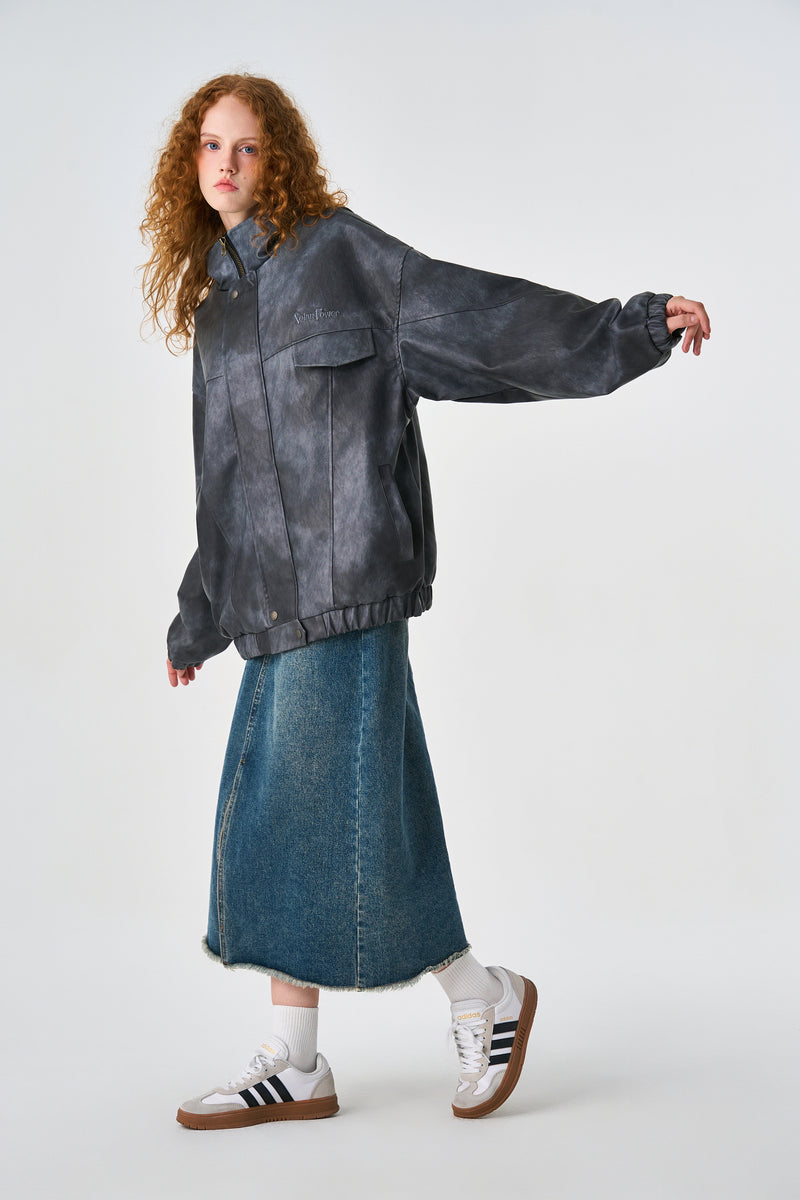 Acid Grey Oversized Bomber Leather Jacket Model view | Weezy