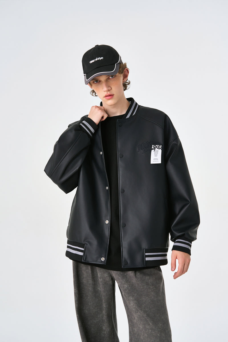 Black Retro Rewind Leather Varsity Jacket Front view | Weezy