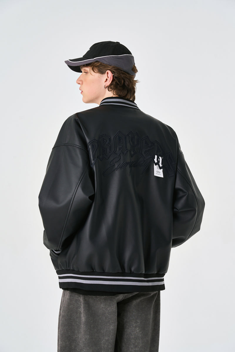 Black Retro Rewind Leather Varsity Jacket Detail view | Weezy