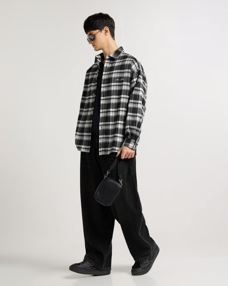 Embroidered Midnight Black Checkered Overshirt Side view | Weezy