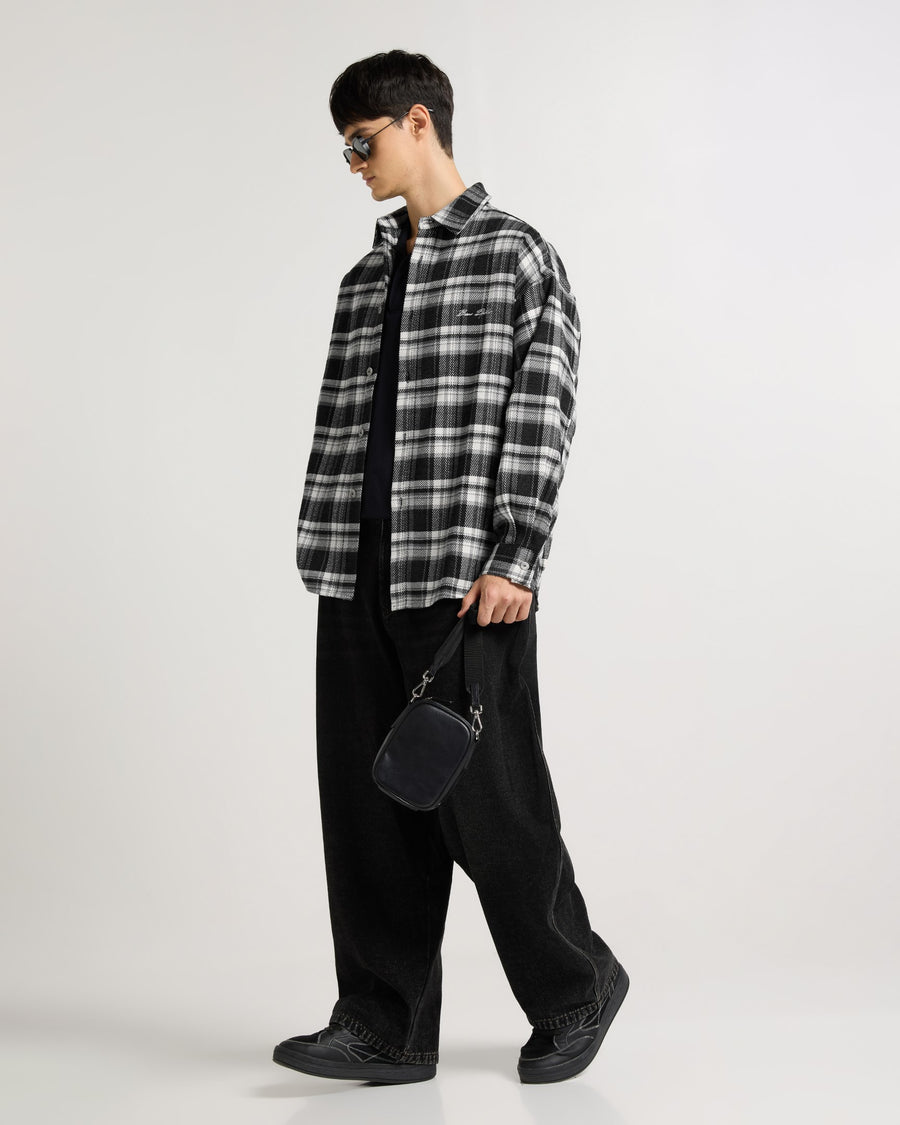 Embroidered Midnight Black Checkered Overshirt Side view | Weezy