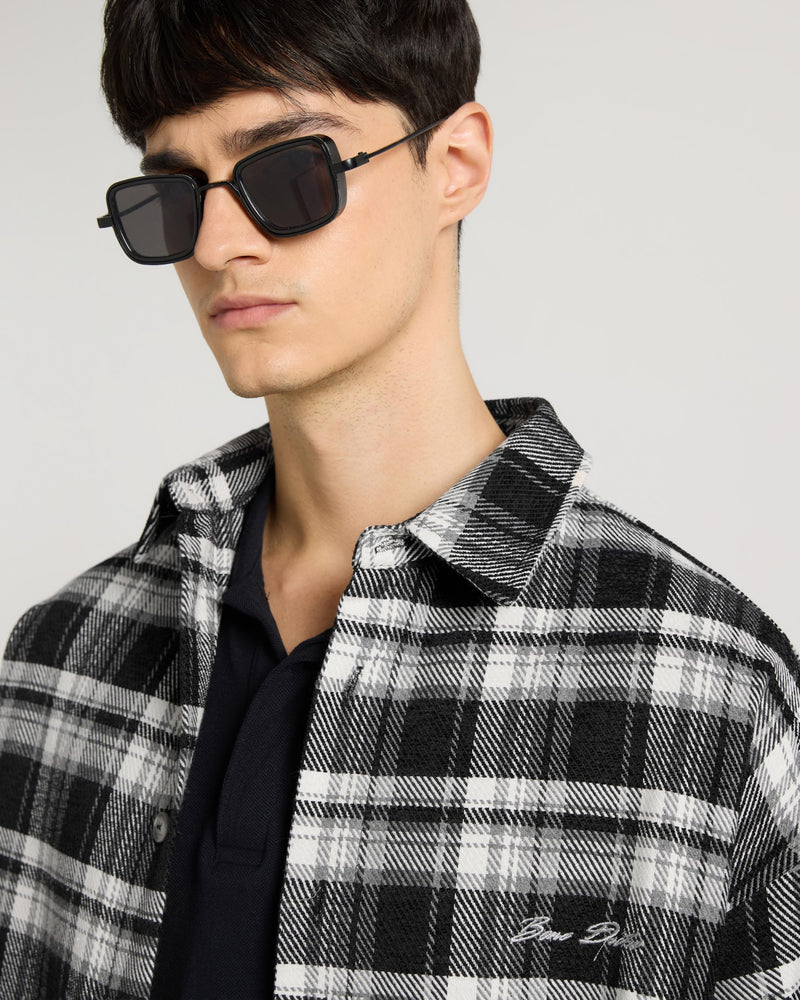 Embroidered Midnight Black Checkered Overshirt Model view | Weezy