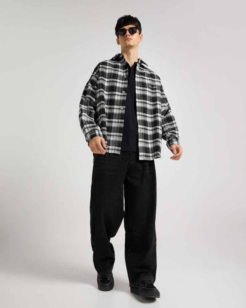 Embroidered Midnight Black Checkered Overshirt Front view | Weezy