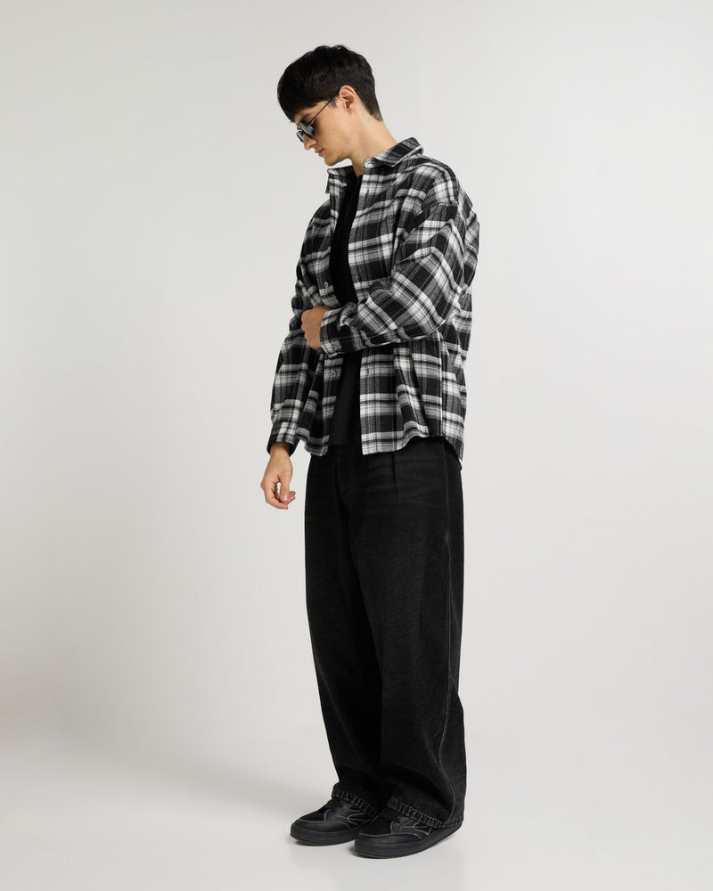 Embroidered Midnight Black Checkered Overshirt Close-up | Weezy