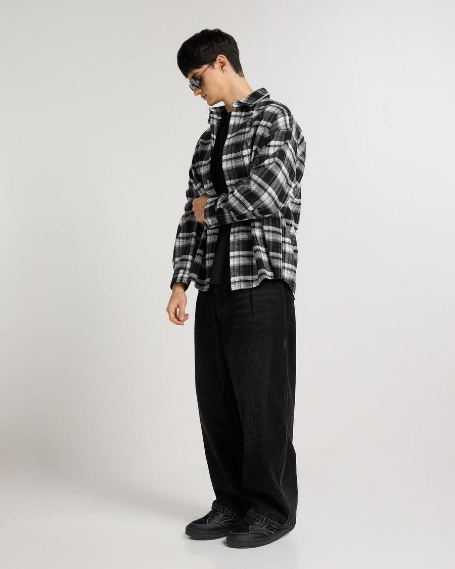 Embroidered Midnight Black Checkered Overshirt Close-up | Weezy