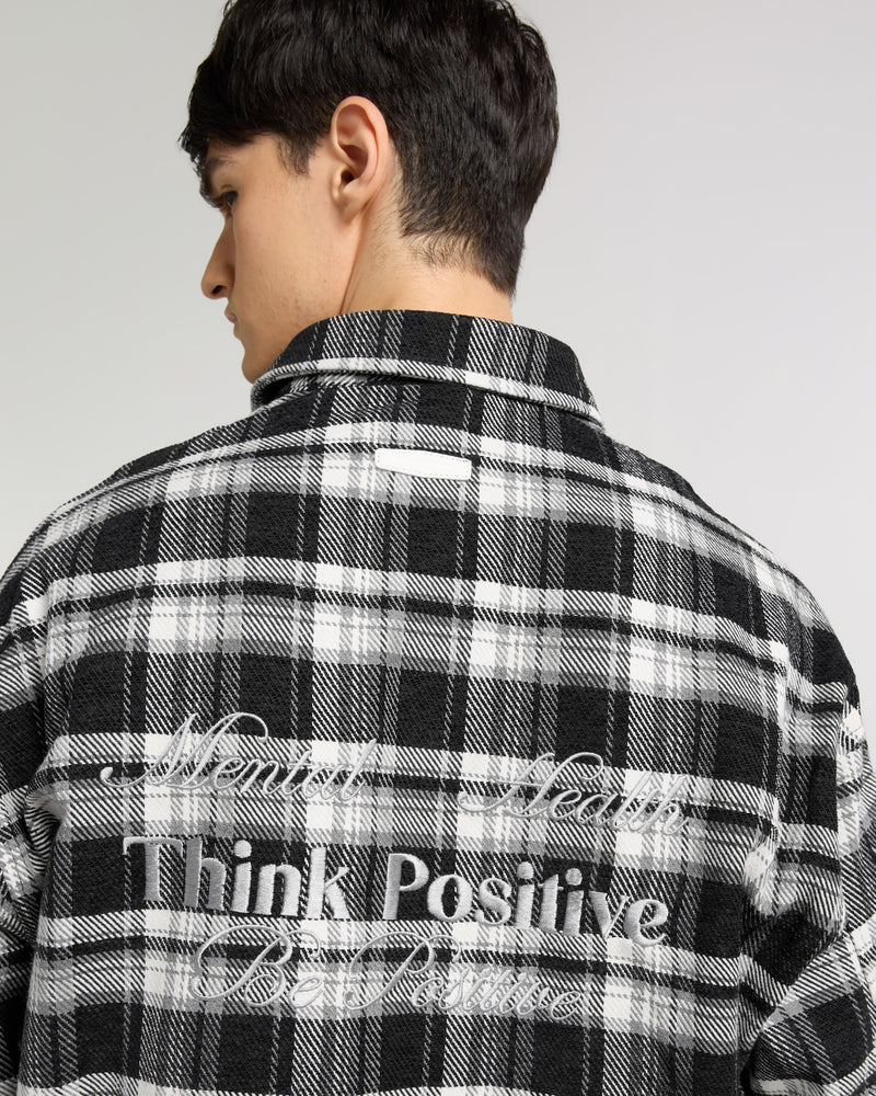 Embroidered Midnight Black Checkered Overshirt Flat lay | Weezy