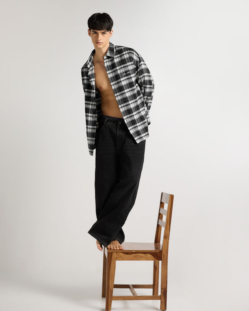 Embroidered Midnight Black Checkered Overshirt Detail view | Weezy