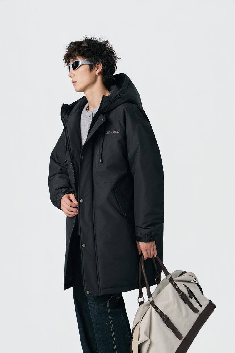 Jet Black Hooded Long Parka Detail view | Weezy