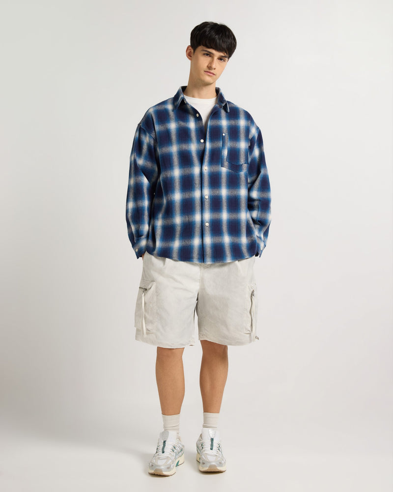 Indigo Checkered Flannel Overshirt Model view | Weezy