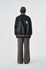Black Retro Rewind Leather Varsity Jacket Side view | Weezy