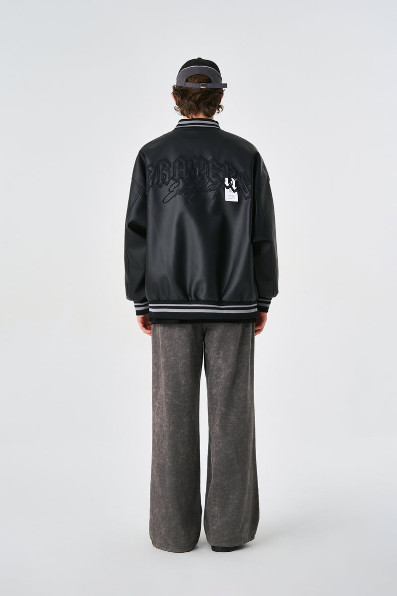 Black Retro Rewind Leather Varsity Jacket Side view | Weezy