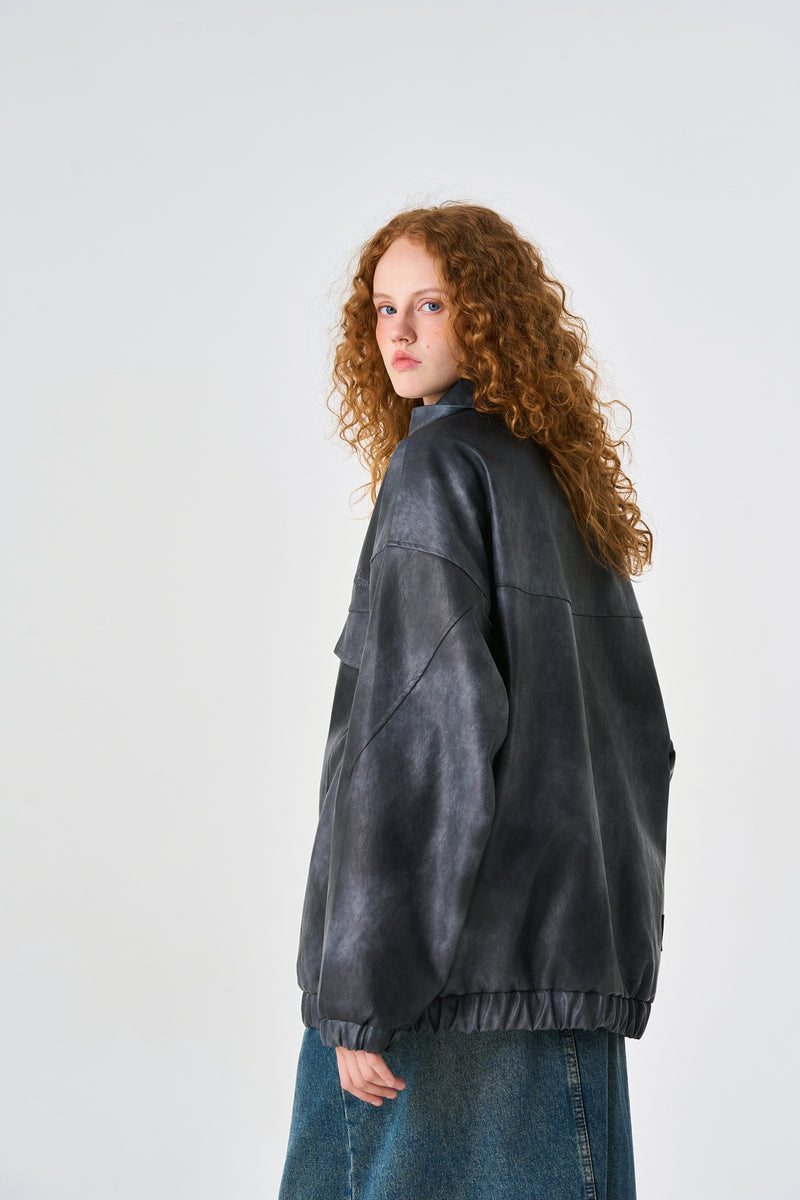 Acid Grey Oversized Bomber Leather Jacket Back view | Weezy