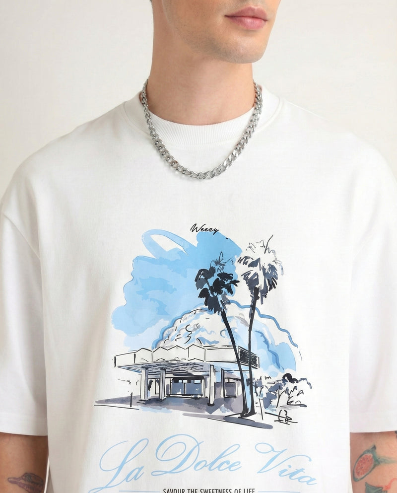 Premium White La Dolce Vita Oversized T-shirt Side view | Weezy