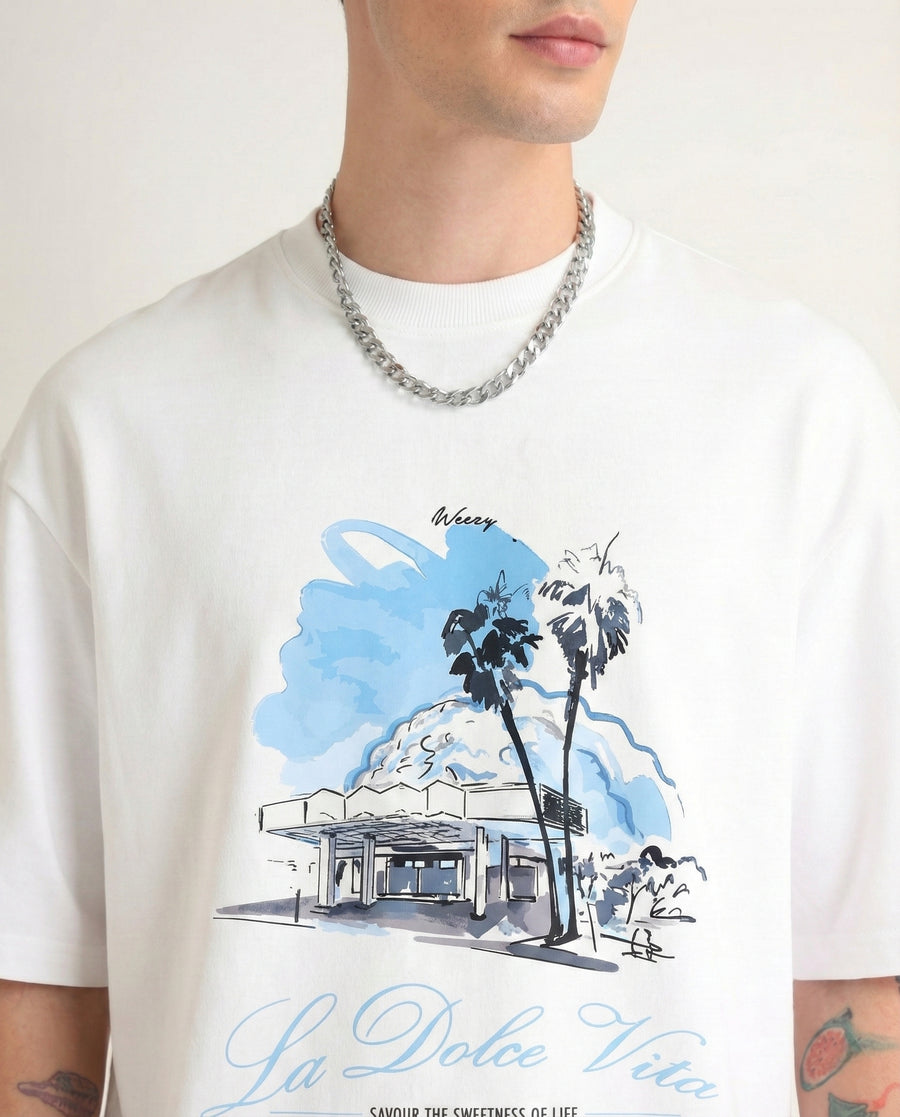 Premium White La Dolce Vita Oversized T-shirt Side view | Weezy