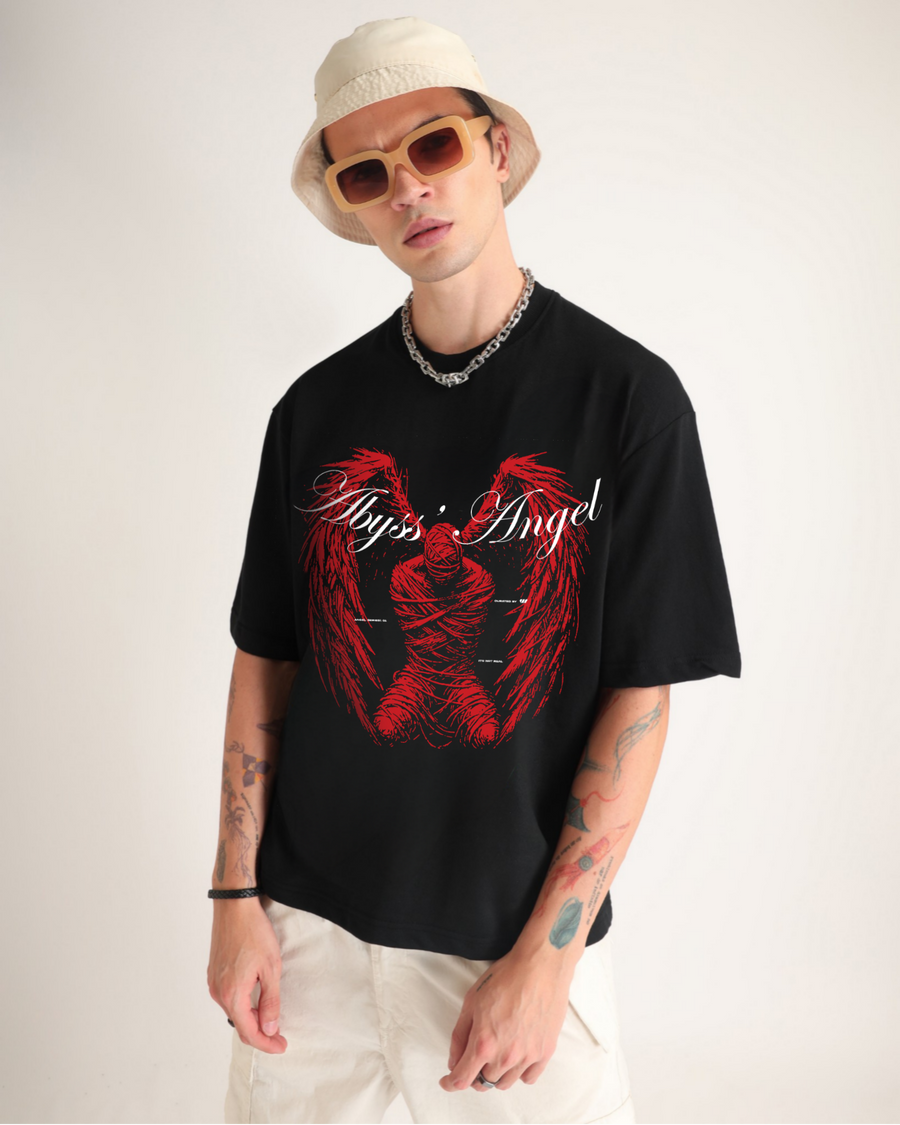 Premium Jet Black Abyss Angel Oversized T-shirt Front view | Weezy