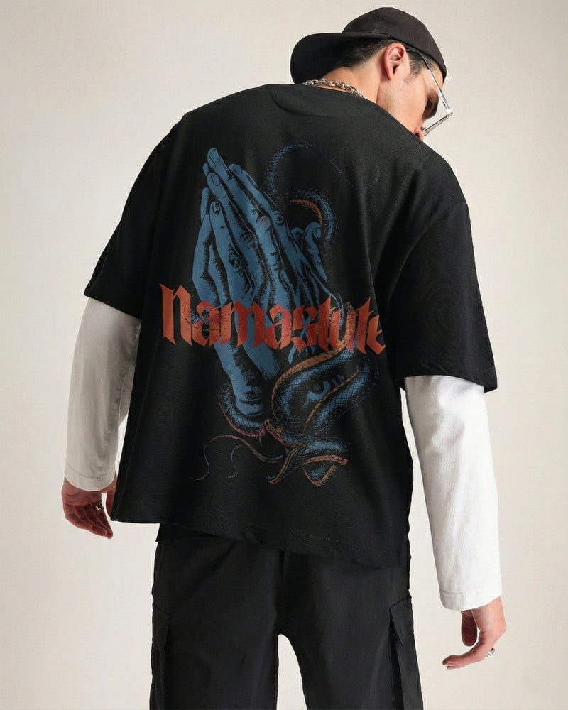 Premium Jet Black Namastute Oversized T-shirt Front view | Weezy