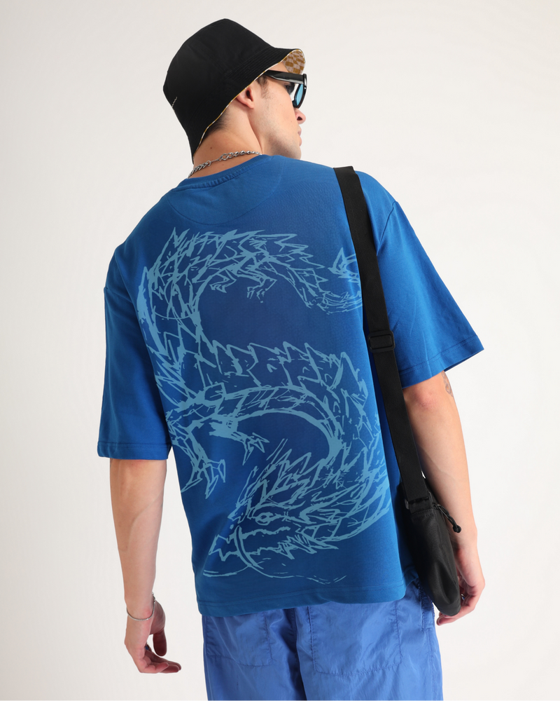 Premium Royal Blue Dragon Oversized T-shirt Side view | Weezy