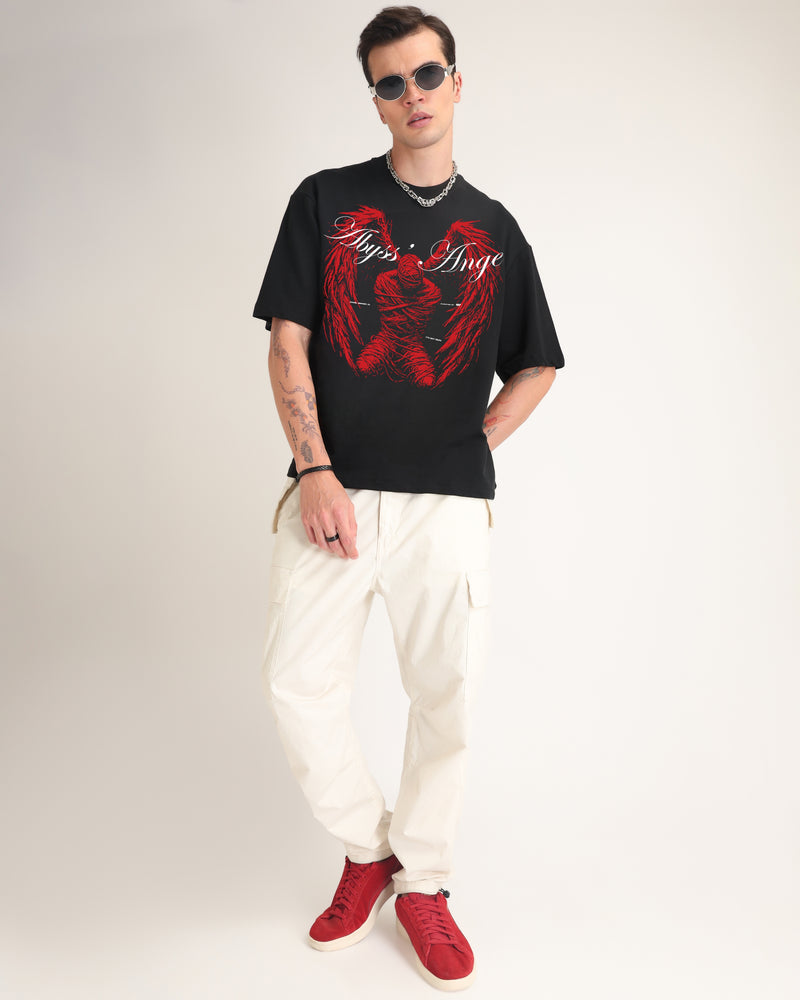 Premium Jet Black Abyss Angel Oversized T-shirt Detail view | Weezy