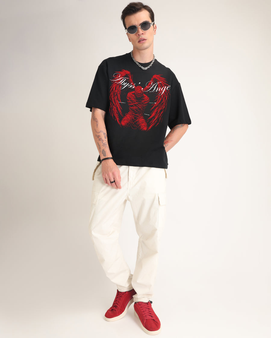 Premium Jet Black Abyss Angel Oversized T-shirt Detail view | Weezy