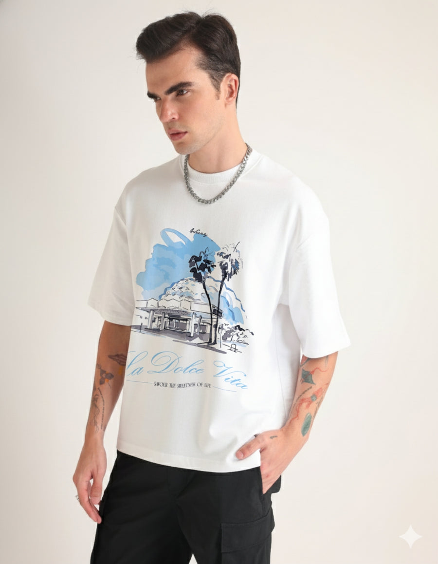 Premium White La Dolce Vita Oversized T-shirt Back view | Weezy