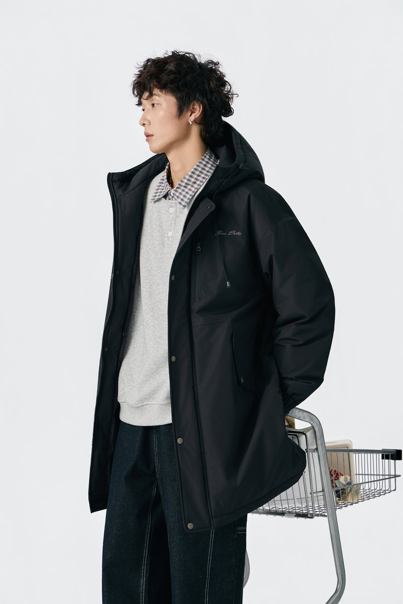 Jet Black Hooded Long Parka Front view | Weezy