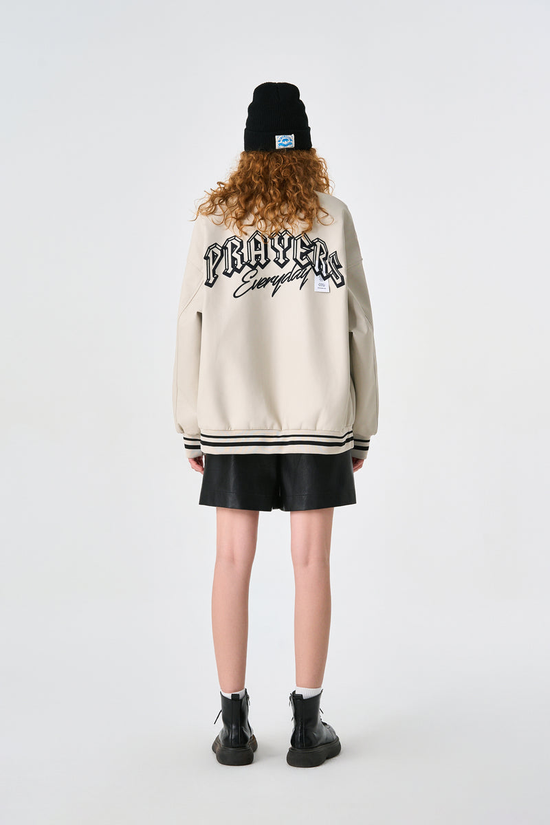 Cream Retro Rewind Leather Varsity Jacket Model view | Weezy