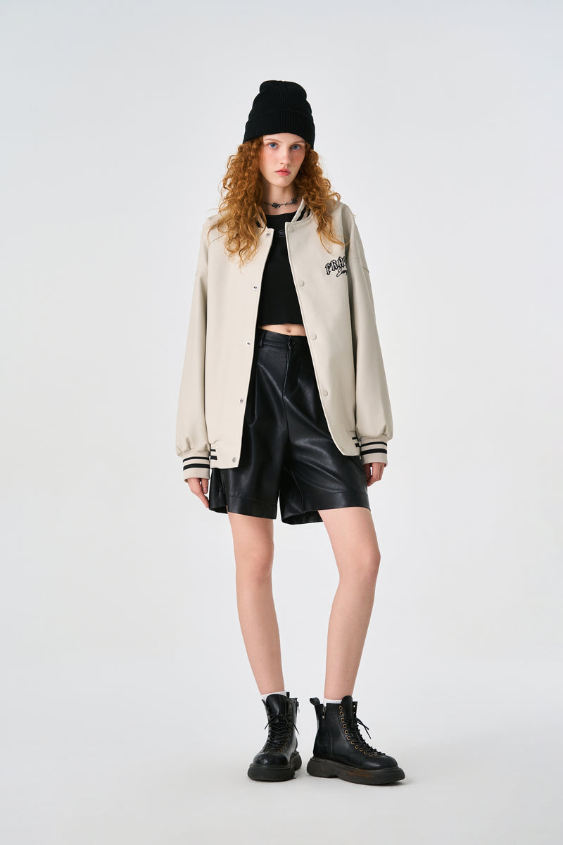 Cream Retro Rewind Leather Varsity Jacket Lifestyle view | Weezy