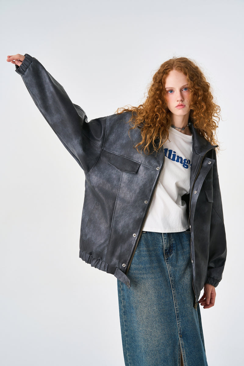 Acid Grey Oversized Bomber Leather Jacket Front view | Weezy