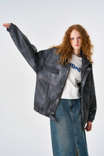 Acid Grey Oversized Bomber Leather Jacket Front view | Weezy