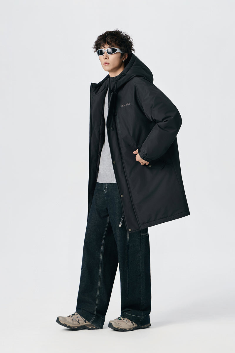 Jet Black Hooded Long Parka Back view | Weezy