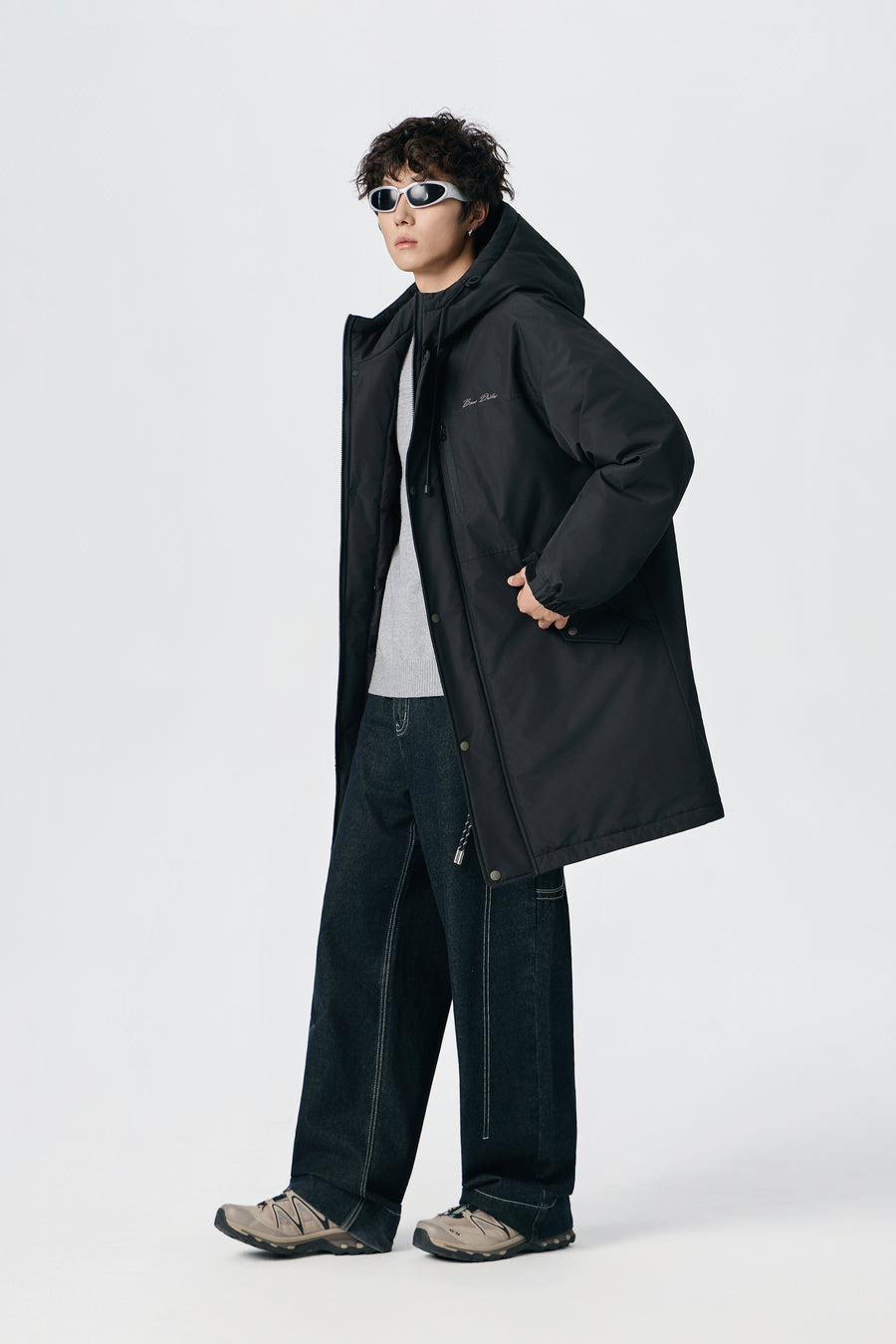 Jet Black Hooded Long Parka Back view | Weezy