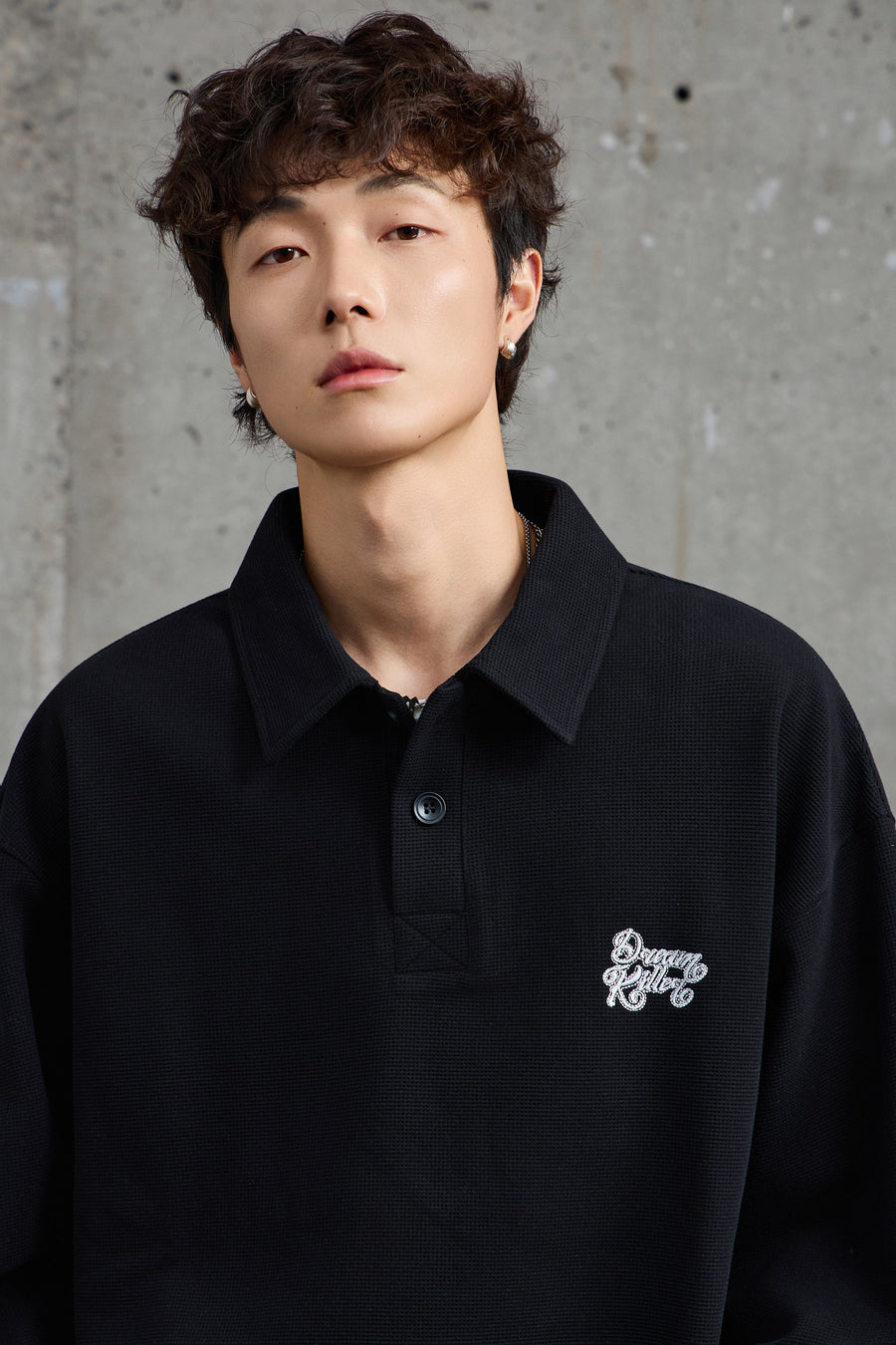 Jet Black Waffle Knit Collared Polo Back view | Weezy