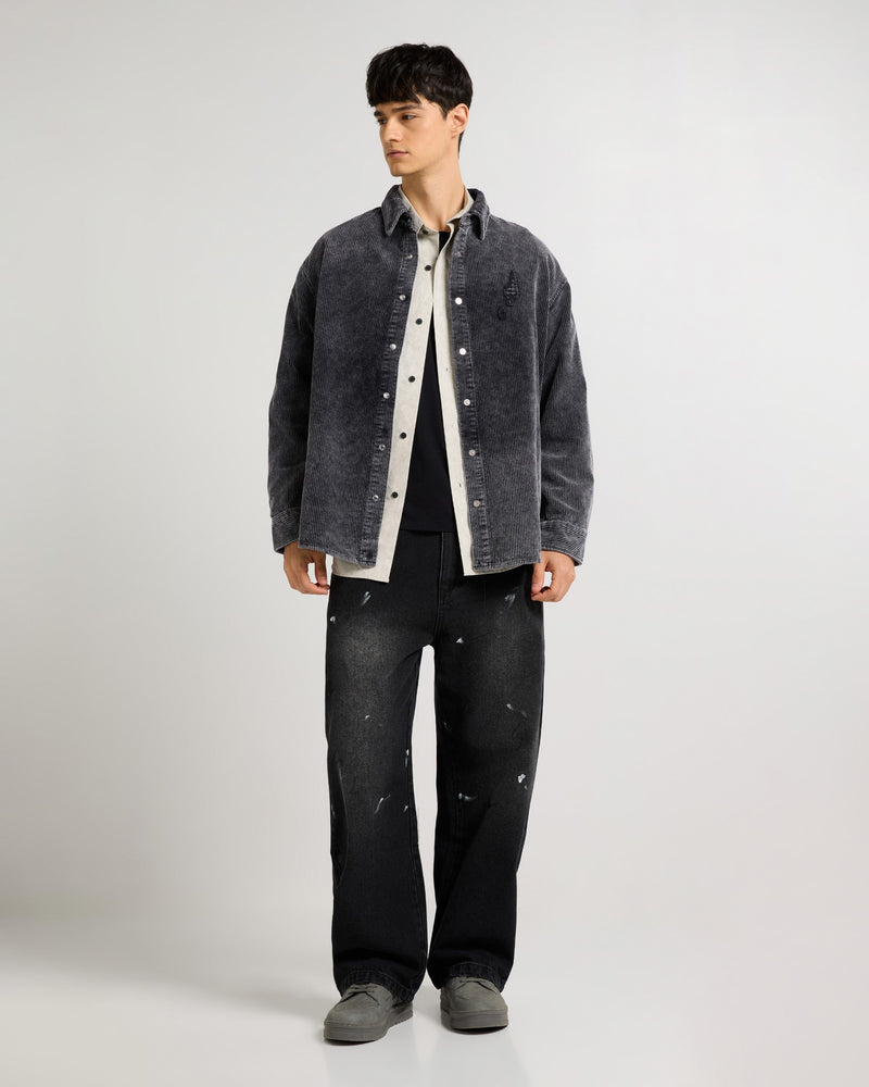 Relaxed Fit Charcoal Emroidered Curdroy Shacket Back view | Weezy