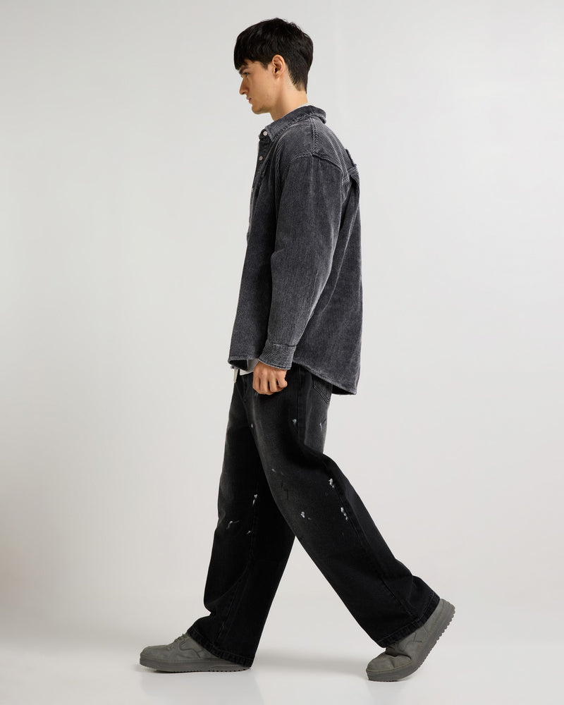 Relaxed Fit Charcoal Emroidered Curdroy Shacket Lifestyle view | Weezy