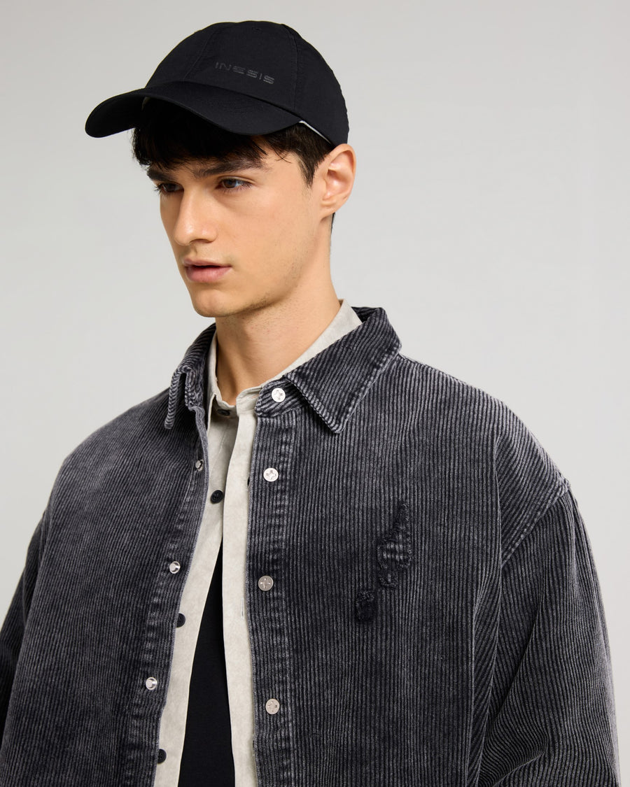 Relaxed Fit Charcoal Emroidered Curdroy Shacket Model view | Weezy