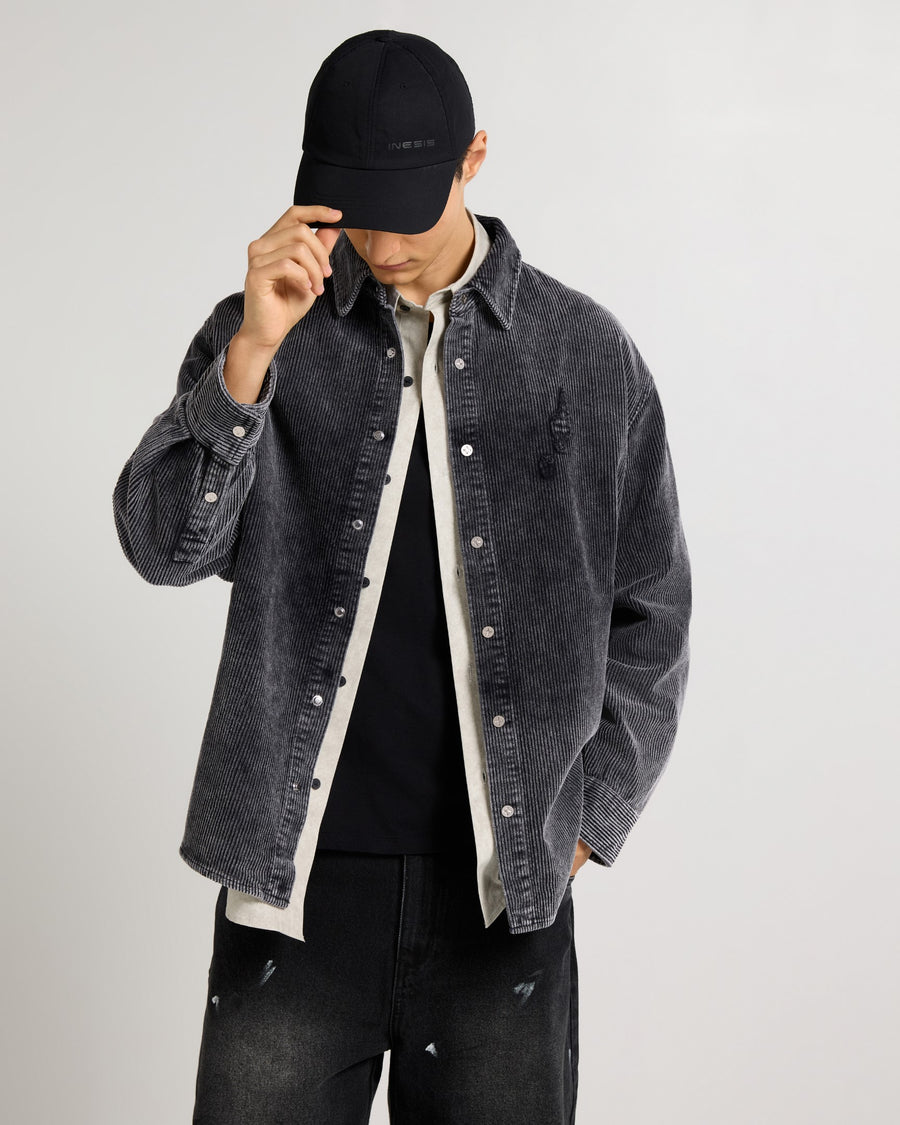 Relaxed Fit Charcoal Emroidered Curdroy Shacket Front view | Weezy