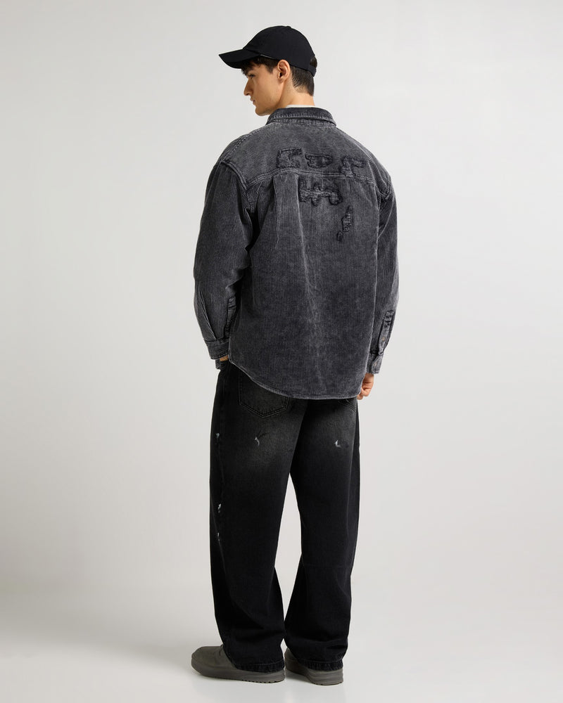 Relaxed Fit Charcoal Emroidered Curdroy Shacket Side view | Weezy