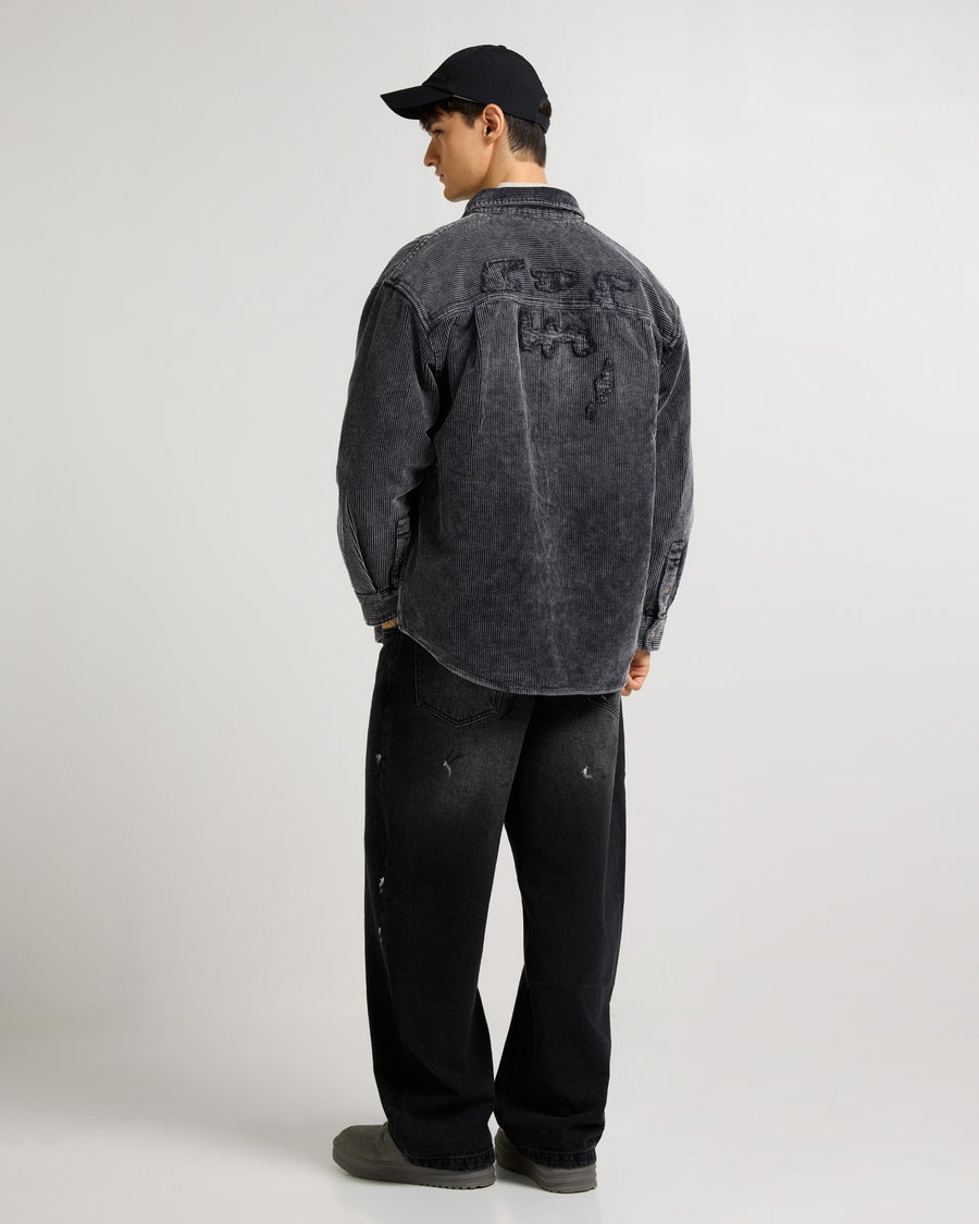 Relaxed Fit Charcoal Emroidered Curdroy Shacket Side view | Weezy