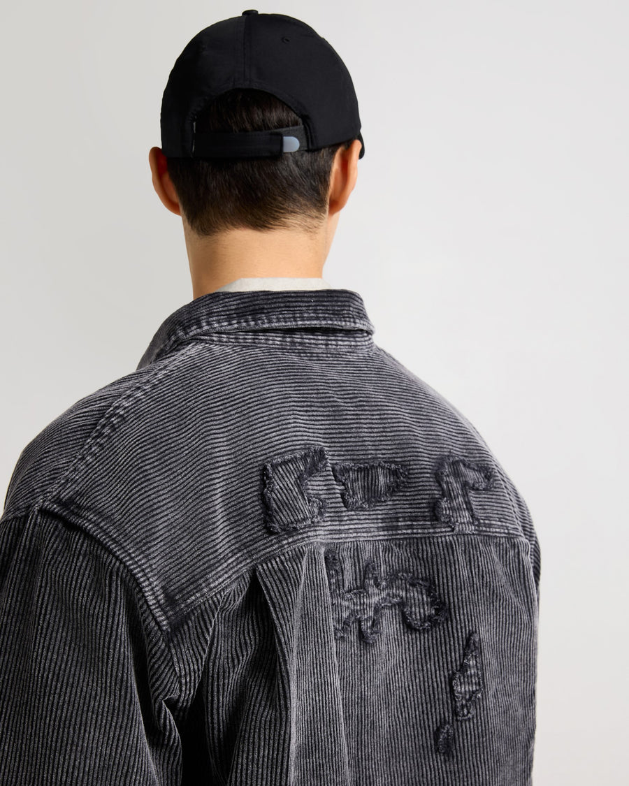 Relaxed Fit Charcoal Emroidered Curdroy Shacket Detail view | Weezy