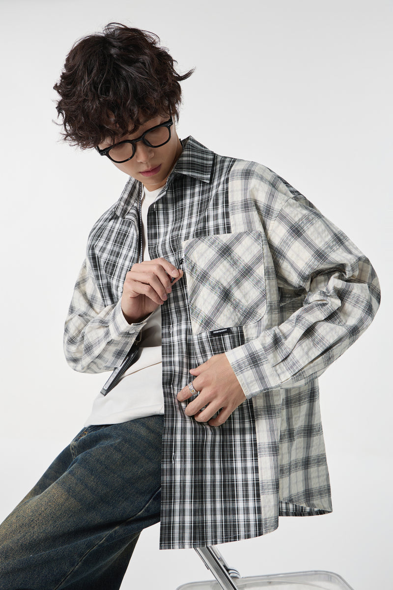 Black & White Chequered Pocketed Overshirt Detail view | Weezy