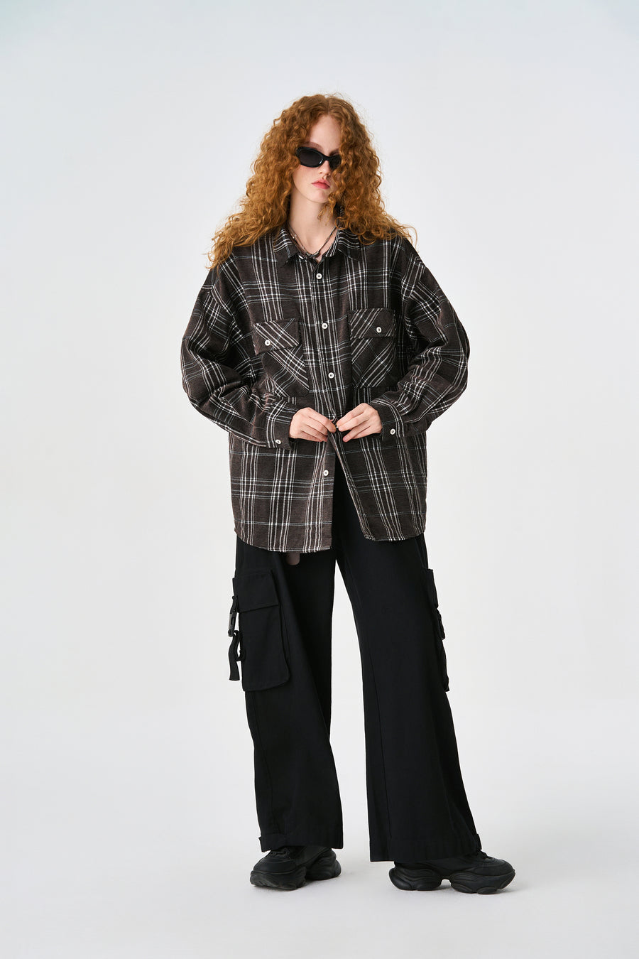 Brown Chequered Plaid Utility Shacket Lifestyle view | Weezy