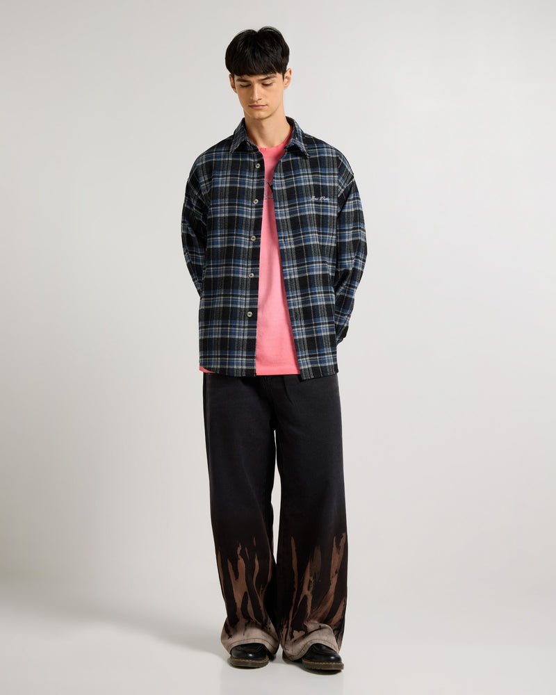Embroidered Midnight Blue Checkered Overshirt Detail view | Weezy