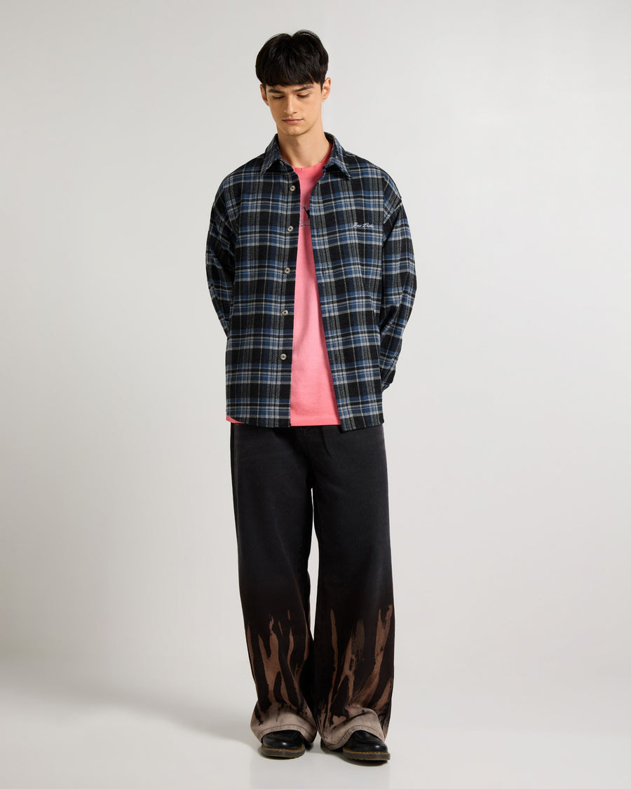 Embroidered Midnight Blue Checkered Overshirt Detail view | Weezy