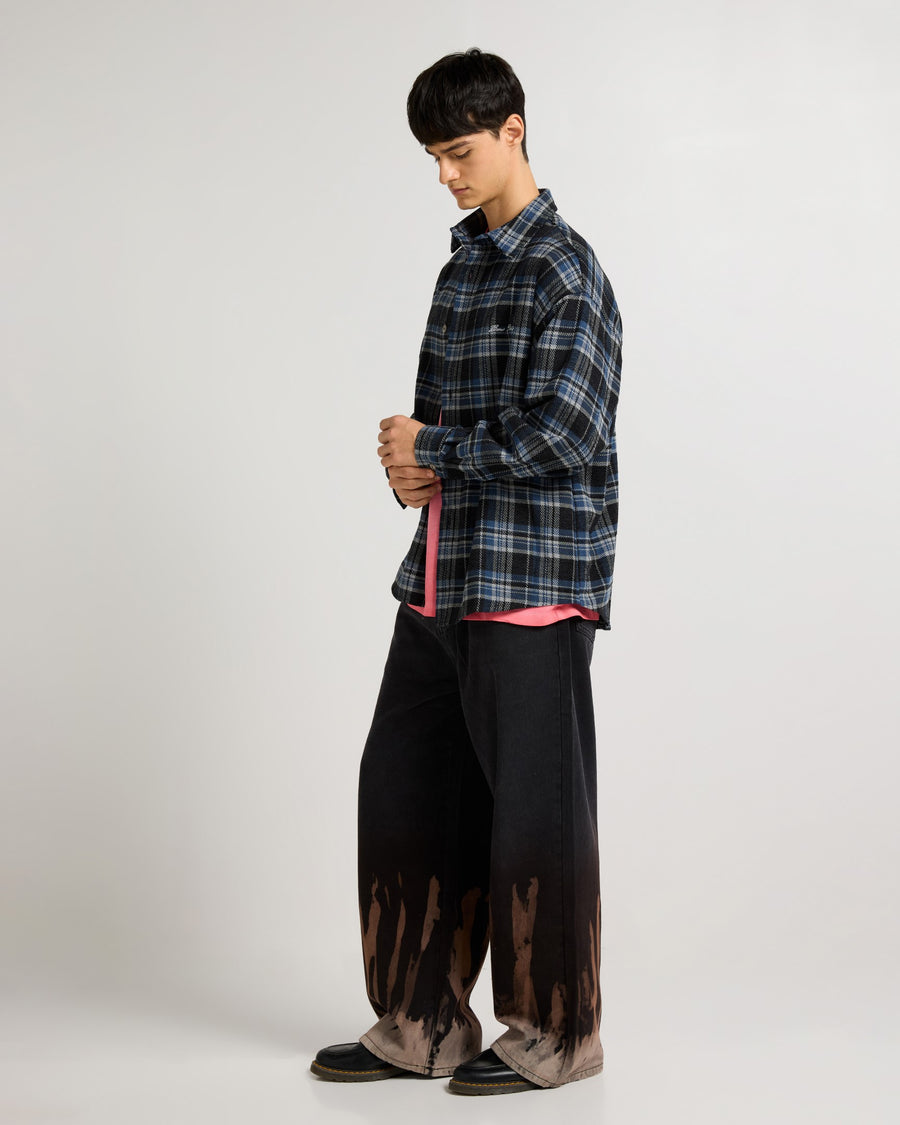 Embroidered Midnight Blue Checkered Overshirt Side view | Weezy