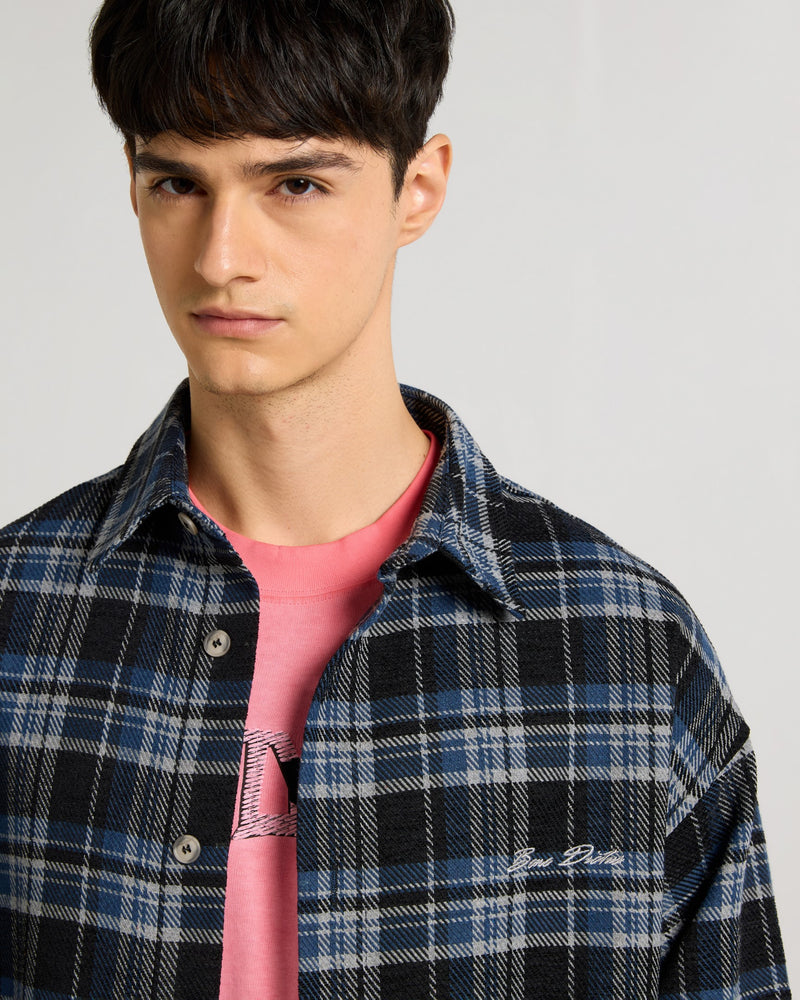 Embroidered Midnight Blue Checkered Overshirt Model view | Weezy
