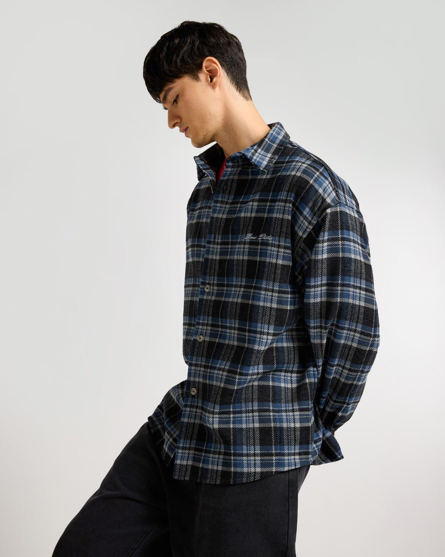 Embroidered Midnight Blue Checkered Overshirt Front view | Weezy