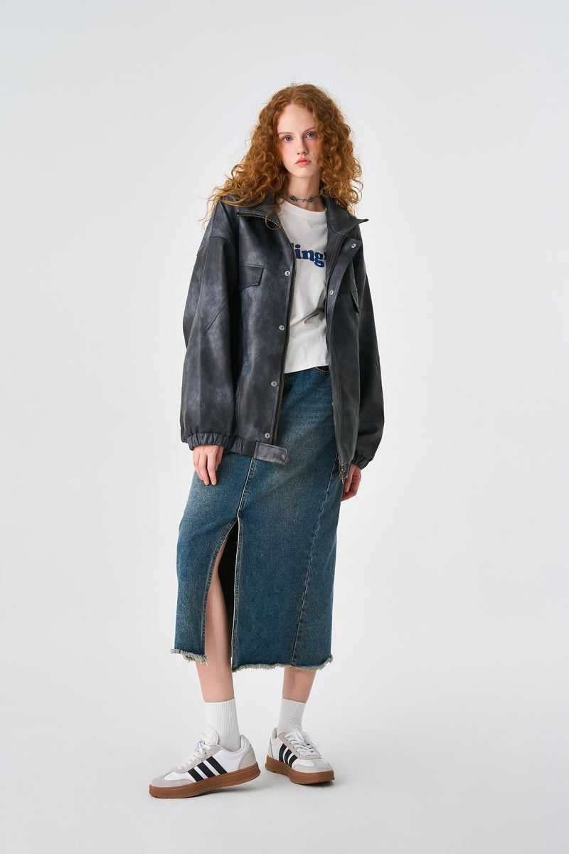 Acid Grey Oversized Bomber Leather Jacket Side view | Weezy