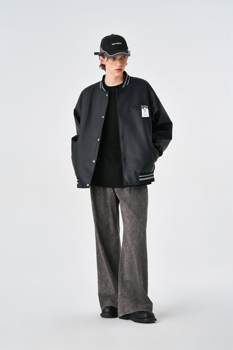 Black Retro Rewind Leather Varsity Jacket Lifestyle view | Weezy