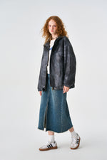 Acid Grey Oversized Bomber Leather Jacket Detail view | Weezy