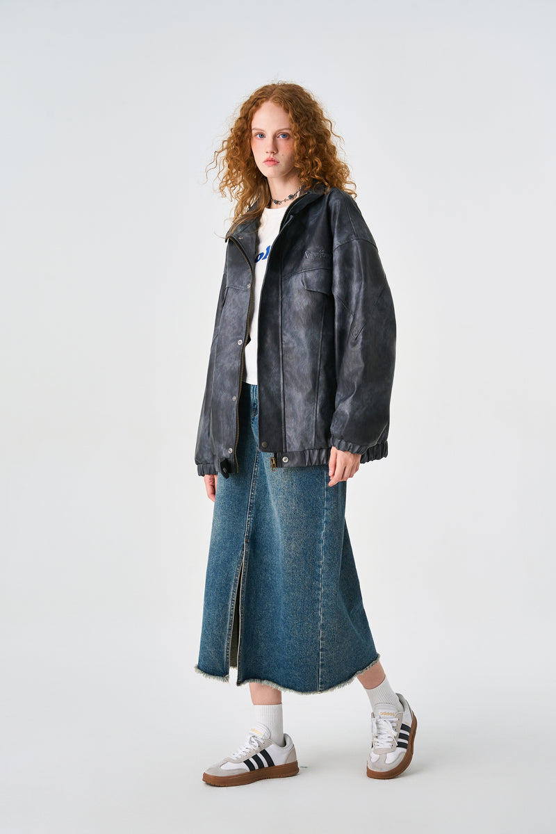 Acid Grey Oversized Bomber Leather Jacket Detail view | Weezy
